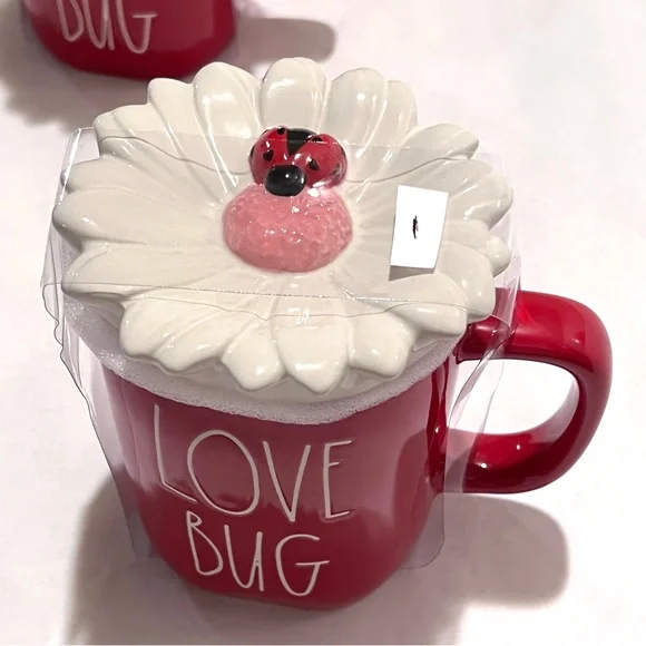 Rae Dunn LOVE BUG Ceramic Mug with Flower/Ladybug Topper Red/White - Picture 2 of 16